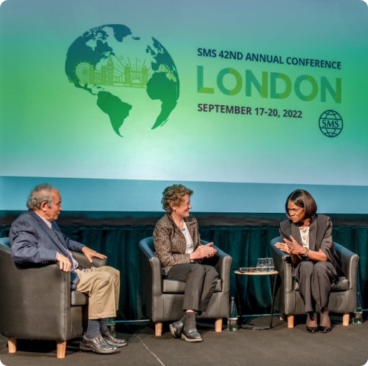 Panelists interact with each other on stage during SMS 42nd annual conference