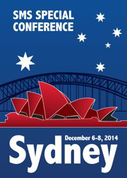 Conference logo for SMS Sydney. It features the Sydney opera house in red on a blue background with white stars above.